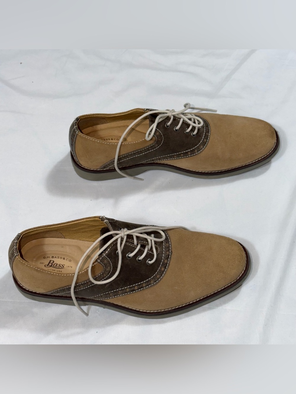 G.H. Bass Pomona Men’s 8.5M Tan Brown Suede Saddle Oxford Shoes Two Tone - Picture 4 of 11